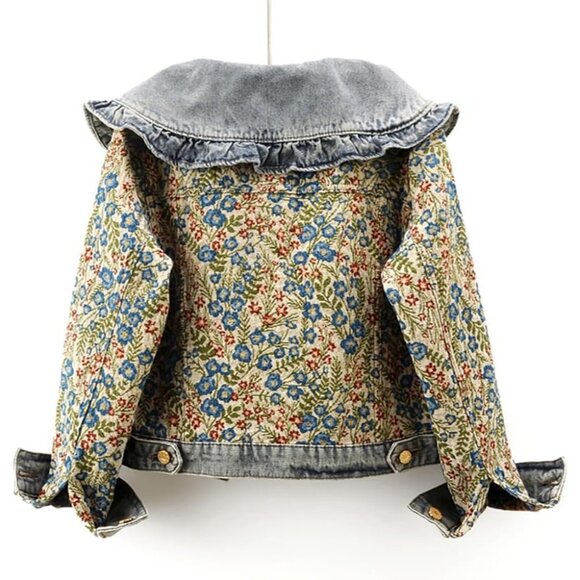 Women’s Sweet Peter Pan Collar S-2XL Long Sleeve Jacquard Denim Jacket Blue - Picture 4 of 6